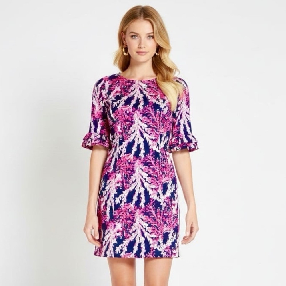 Lilly Pulitzer Fiesta Stretch Dress 14 Pink Blue Ruffle Sleeve Keyhole Shift